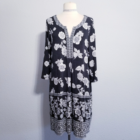 J. Jill gray white floral print casual dress MEDIUM petite - Picture 1 of 7
